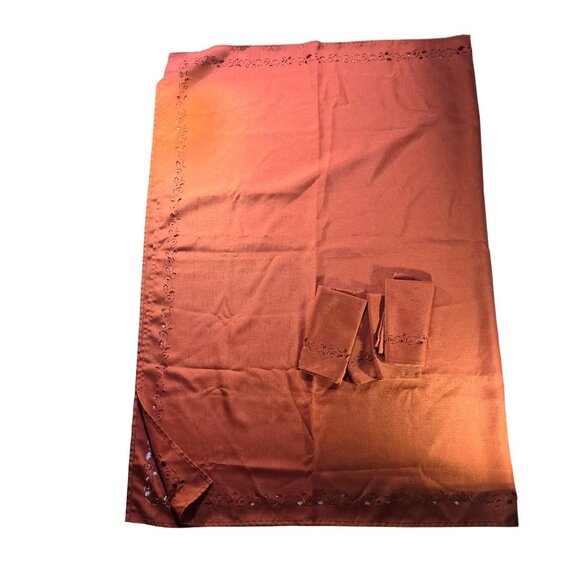 Thanksgiving Tablecloth Napkin Set cutwork leaf orange autumn holiday linens - Picture 2 of 7